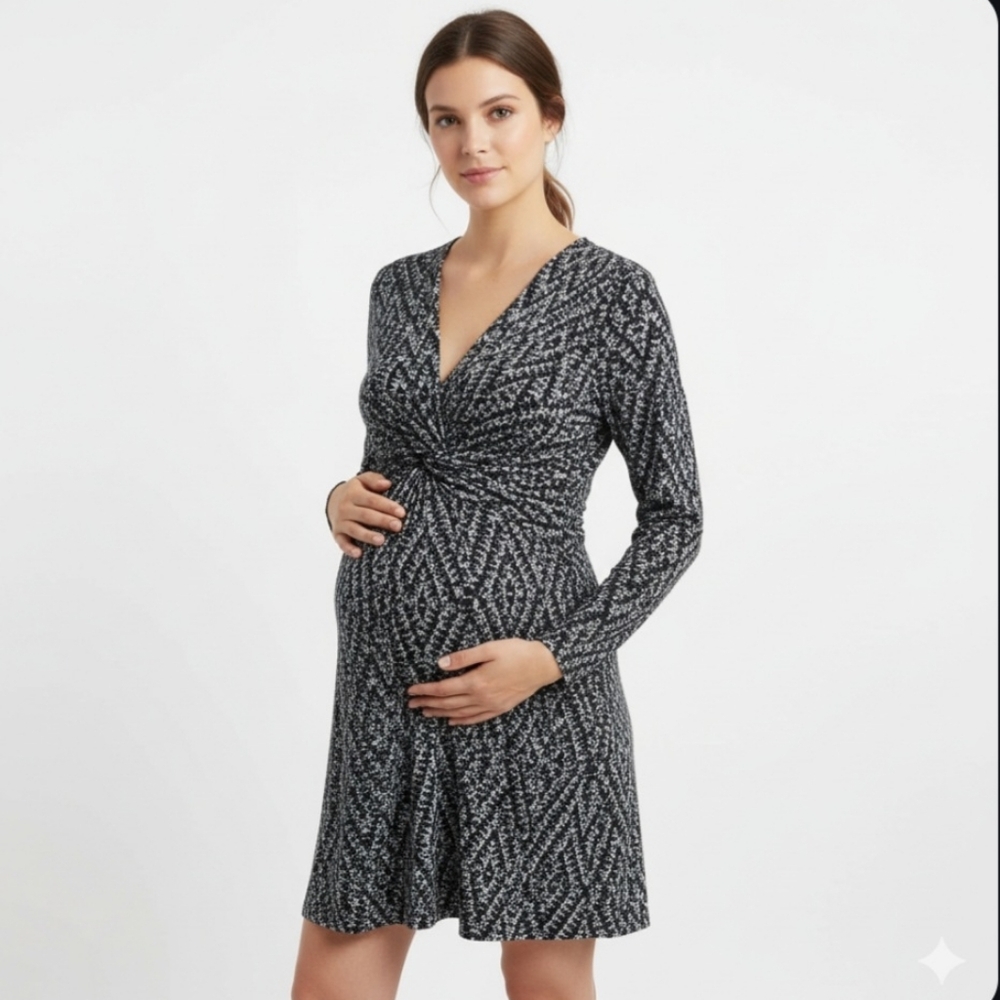 Motherhood Maternity Blue White Wrap Dress with V-Neck Medium